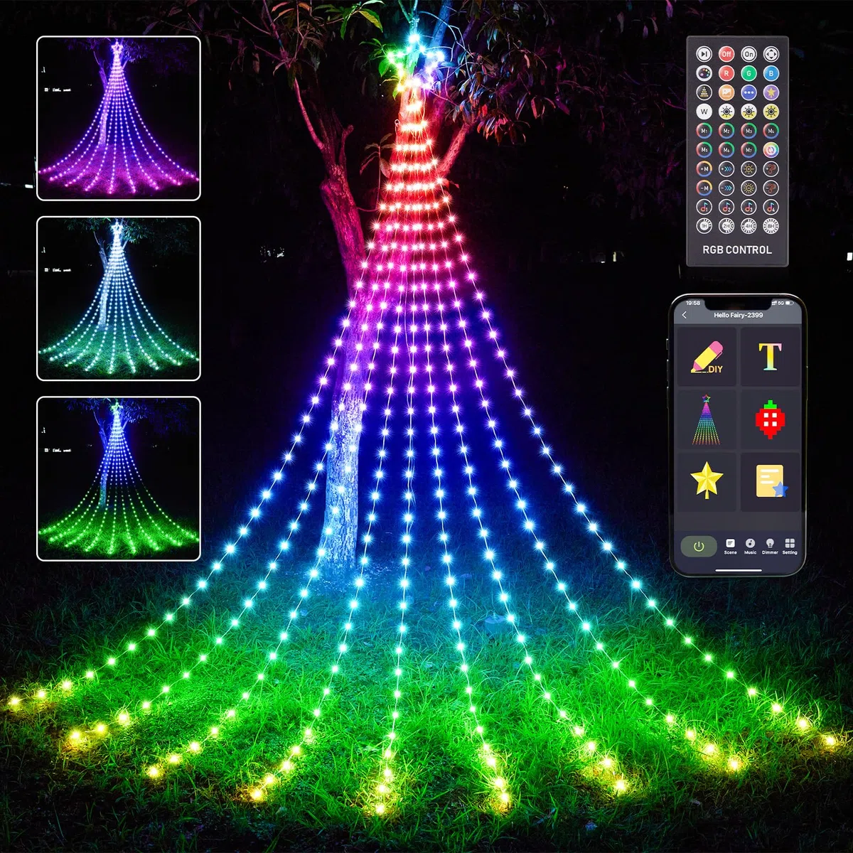 HOLILLUMA Decoraciones de Navidad al aire libre, cadena de luces colgantes de cascada de Navidad RGB que cambian de color con estrella, control remoto por aplicación, espectáculo de luz multicolor,