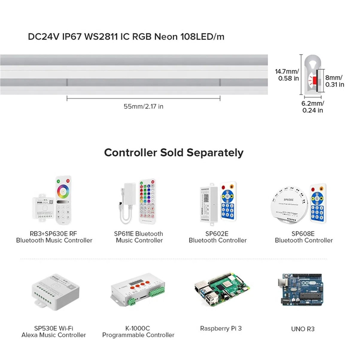 WS2811 Tira de luz de neón Señal de neón direccionable Silicona Externa 1 Control IC 6 LED Cinta Brillante 108 LED/M 24 V IP67 3 m 5 m(5m)