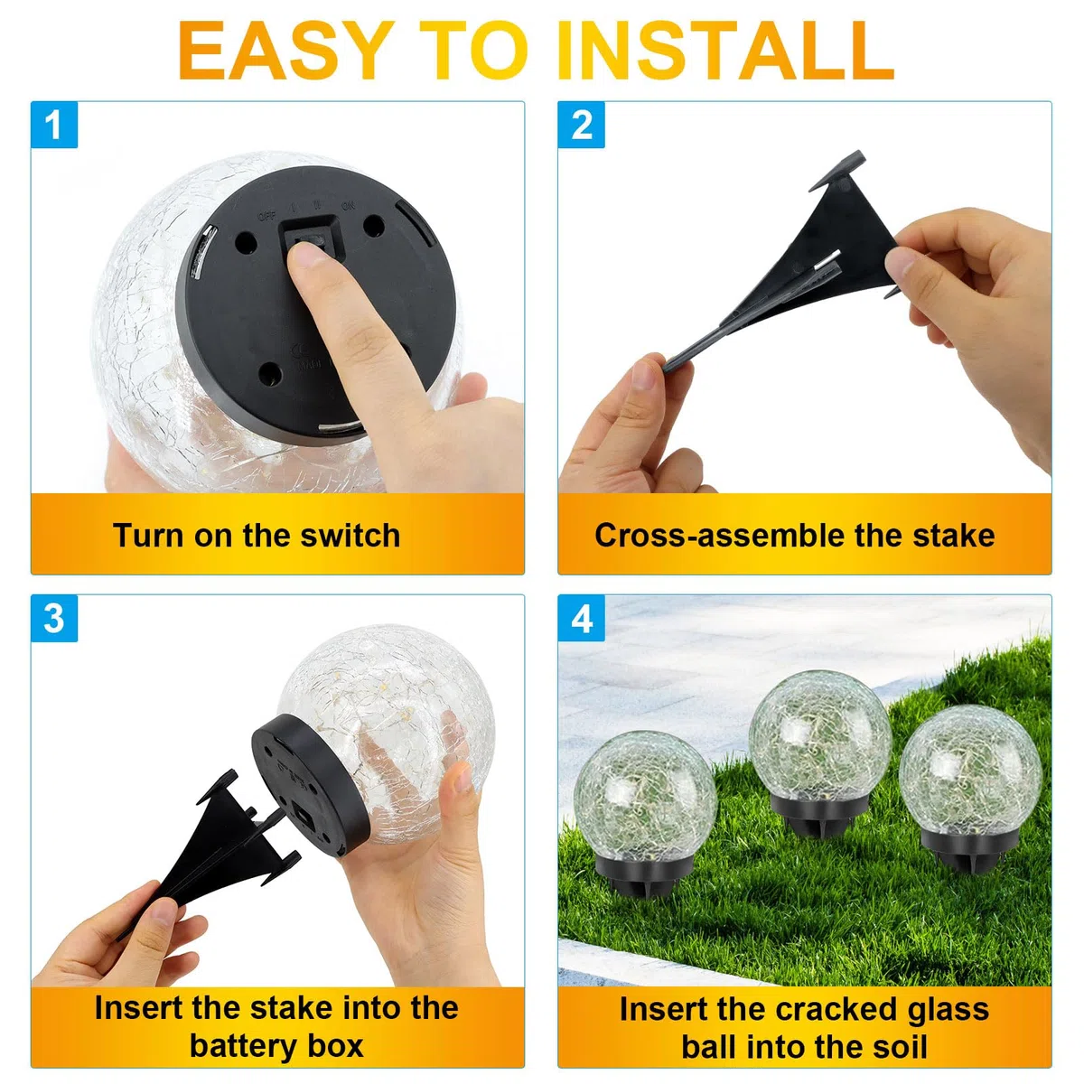 Luces solares de jardín con 4 globos, dos modos de iluminación, luces de bola de vidrio agrietado de 4.7 pulgadas, 30 luces LED solares impermeables para patio, porche, decoración de jardín para
