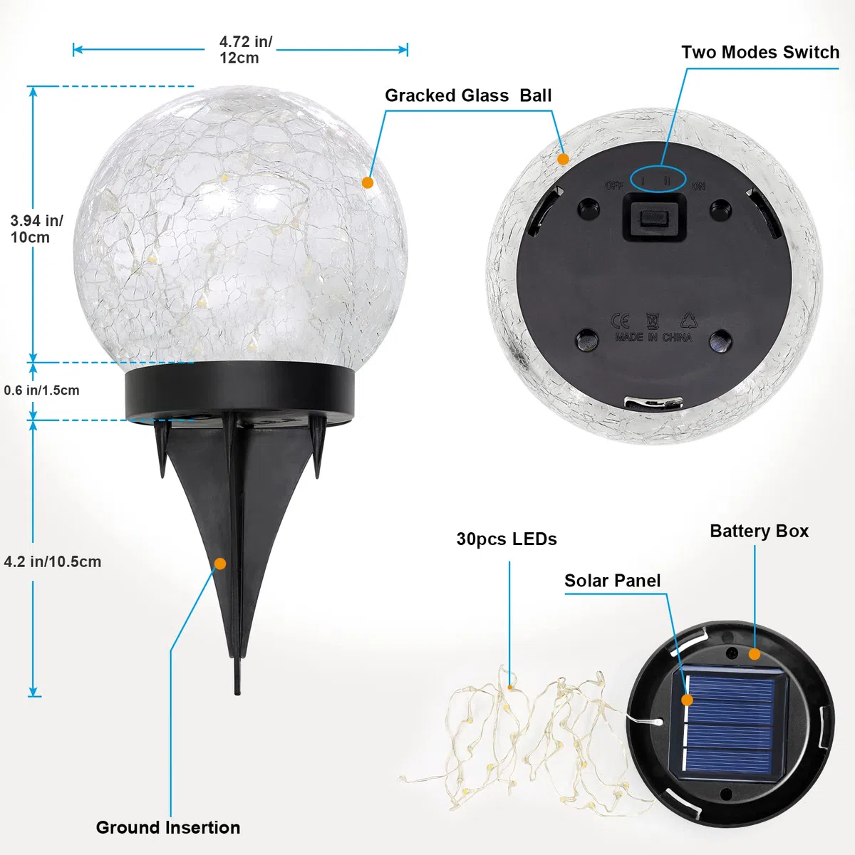 Luces solares de jardín con 4 globos, dos modos de iluminación, luces de bola de vidrio agrietado de 4.7 pulgadas, 30 luces LED solares impermeables para patio, porche, decoración de jardín para