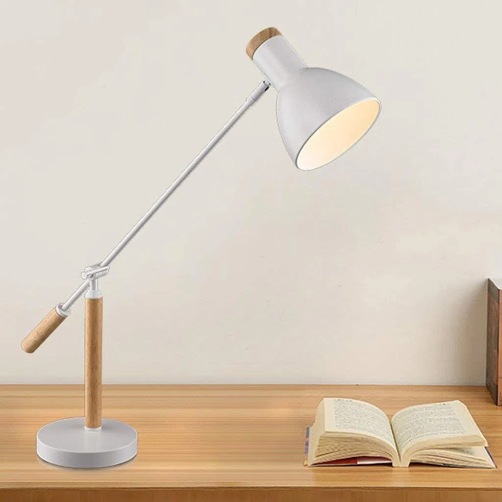 Lámpara De Lectura Lámpara De Escritorio Brazo Largo Ajustable, Protección Ocular, Lámparas Madera Maciza, Mesa Hierro Aprendizaje para Ojos(White)