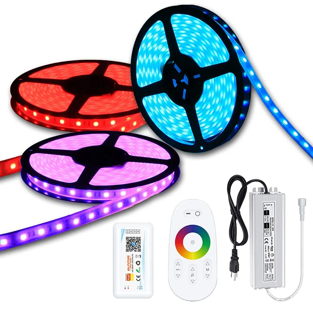 Tira de luz LED RGB flexible de 10 pies, 20 pies, 30 pies, 40 pies, 50 pies, 70 pies, 100 pies, 12 V, 60 LEDs/M, control remoto RF y controlador de detección de música WiFi y fuente de alimentación
