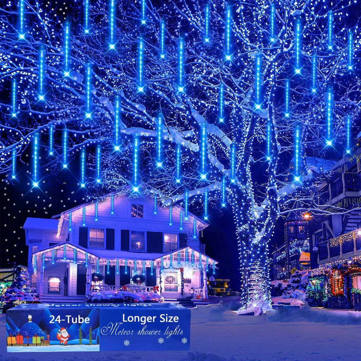 Decoraciones de Navidad al aire libre, 24 tubos (equivalente a 3 juegos de 8 tubos de 12 pulgadas) luces de lluvia de meteoritos nieve cayendo carámbanos luces de Navidad al aire libre para árbol