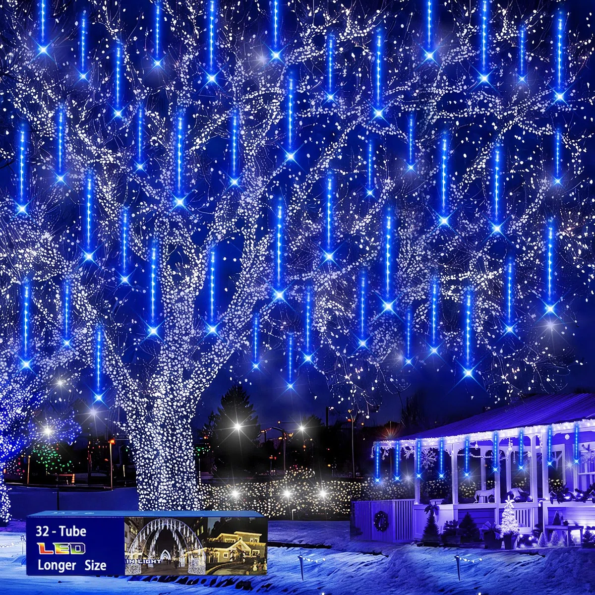 Luces de Navidad para exteriores, 32 tubos (equivalente a 4 juegos de 8 tubos) luces de lluvia de meteoritos, luz de Navidad azul al aire libre para árbol de Navidad, boda, fiesta, vacaciones, casa