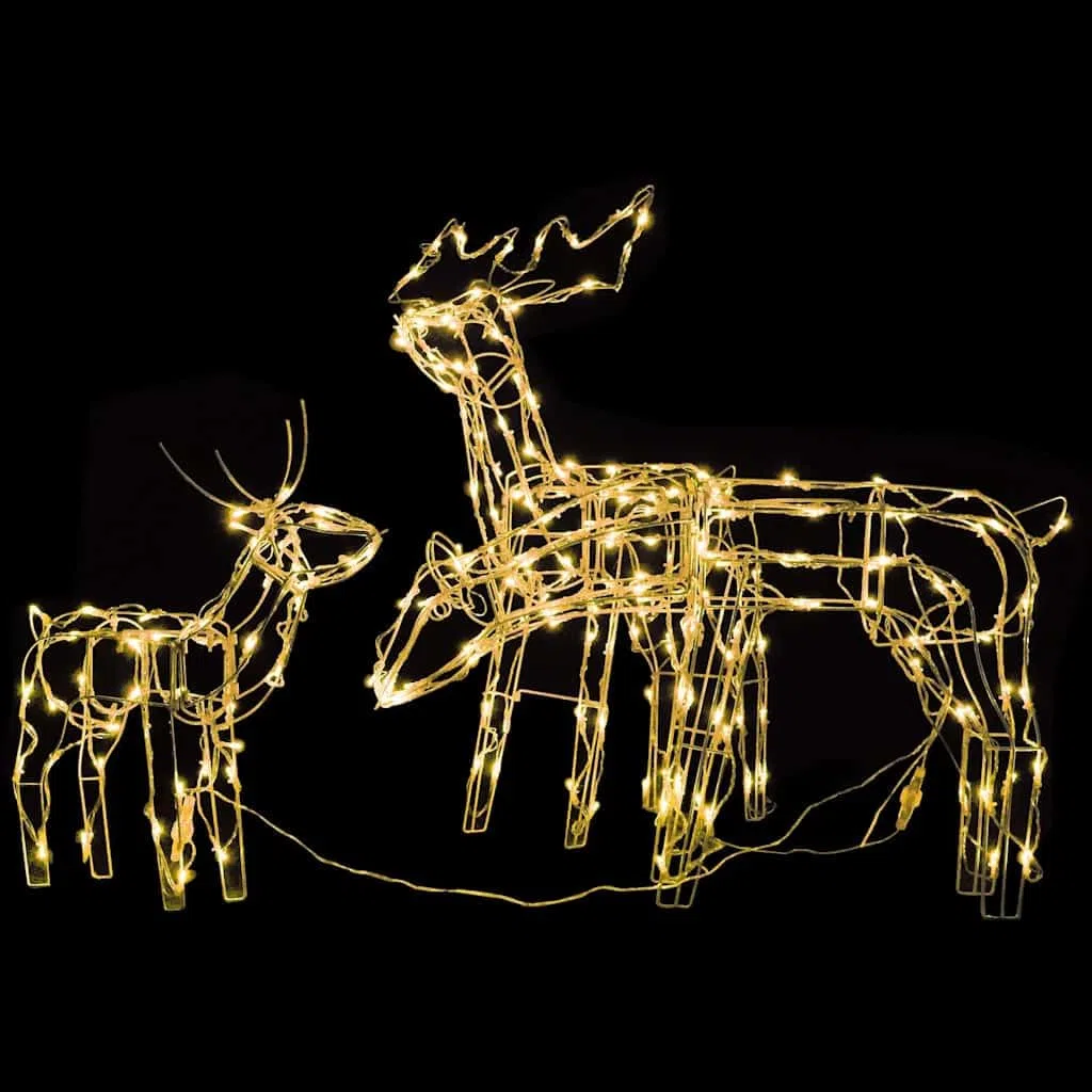 Juego de 3 renos navideños, 229 luces LED para jardín, interior y exterior, luz blanca cálida, USB, decoración navideña