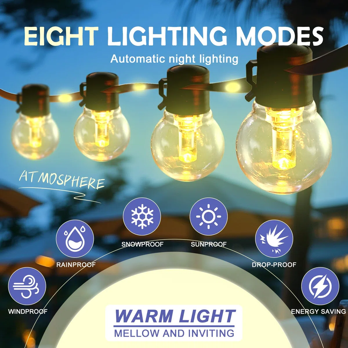Cadena de luces G50 de 33 pies con 15 bombillas LED de columna de guía de luz amarilla dorada, inastillable, impermeable, E26 para decoración de patio al aire libre