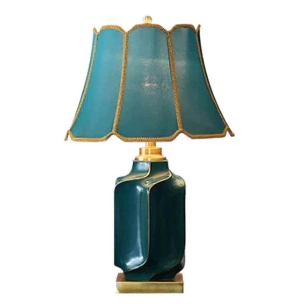Lámpara de mesa de noche, lámpara de mesa de cerámica verde, base de latón, luz de escritorio, casa de campo, dormitorio, sala de estar, oficina, escritorio, mesita de noche, lámpara de mesa