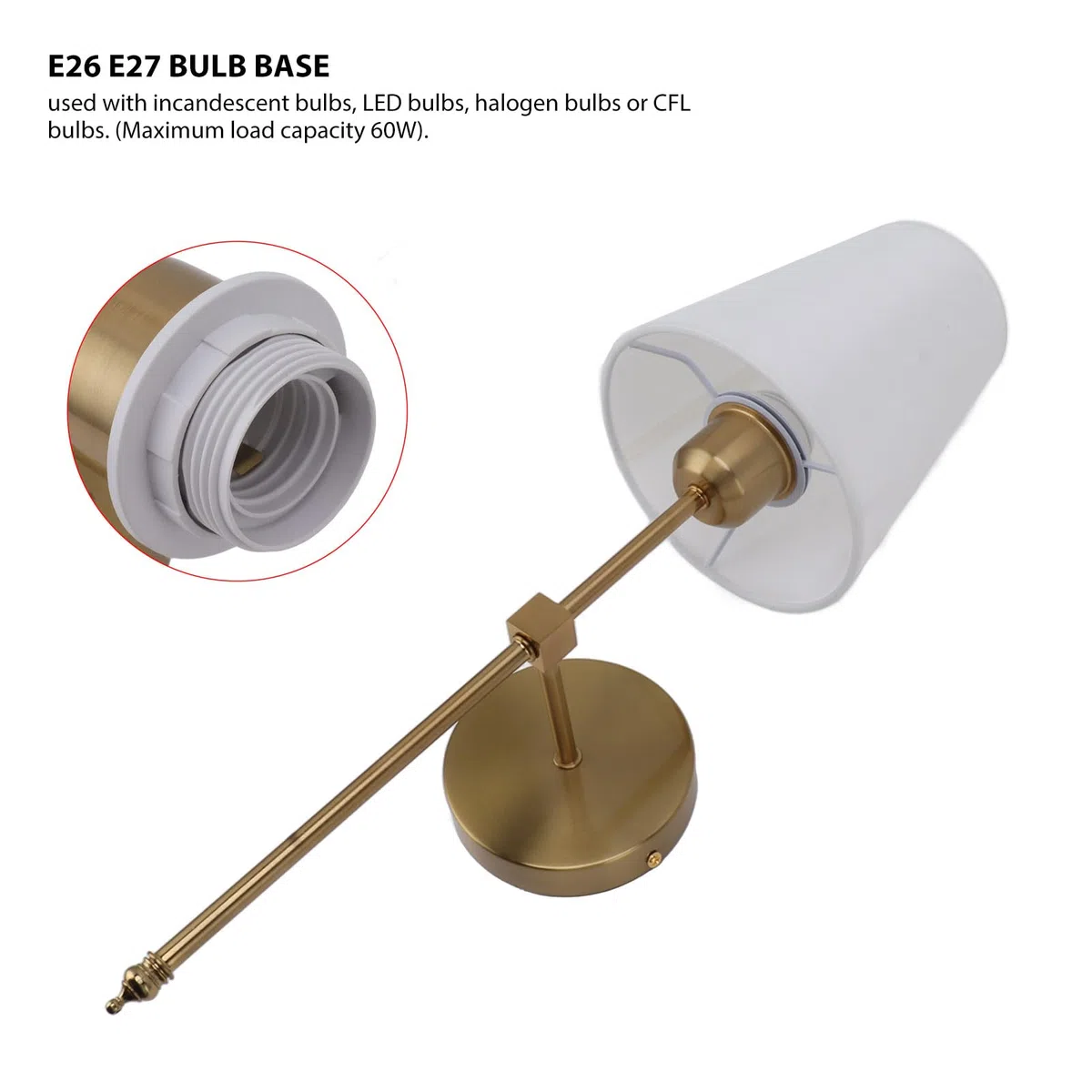 Juego de 2 Portalámparas, Accesorios de Iluminación de Pared para Tocador de Baño Cableados con Pantalla Blanca, Lámparas de Aplique de Pared, Casquillo de Bombilla E27 E26, Dorado