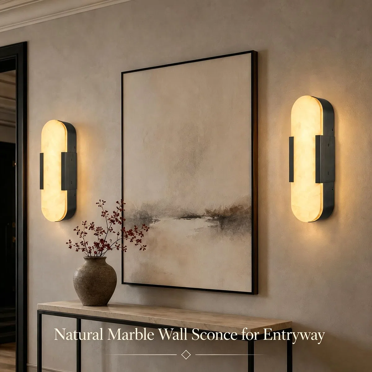 Apliques de pared de mármol natural, juego de 2, 35 cm (13,8"), color alabastro negro, iluminación moderna con cableado fijo para tocador, luz cálida de 3000 K, para baño (13.8inches)
