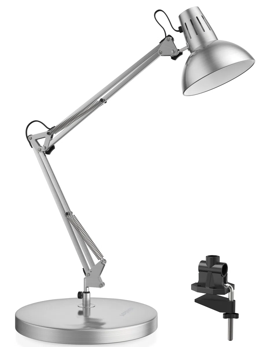 LEPOWER Lámpara de escritorio de metal, lámpara de mesa de arquitecto de cuello de ganso ajustable con interruptor de encendido/apagado, lámpara de escritorio con brazo oscilante con abrazadera,