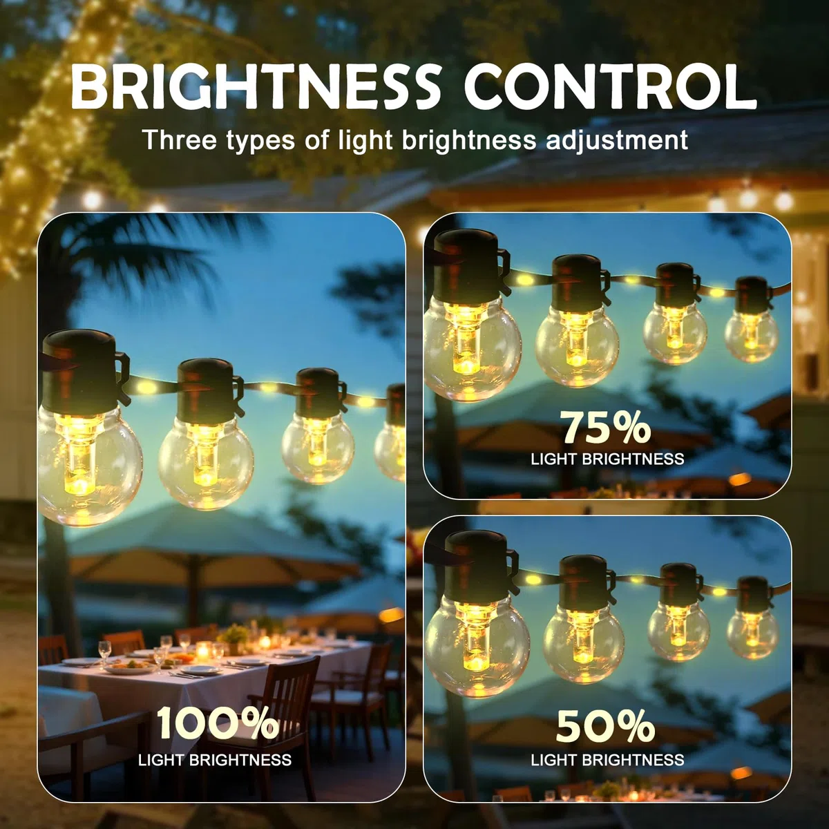 Cadena de luces G50 de 33 pies con 15 bombillas LED de columna de guía de luz amarilla dorada, inastillable, impermeable, E26 para decoración de patio al aire libre