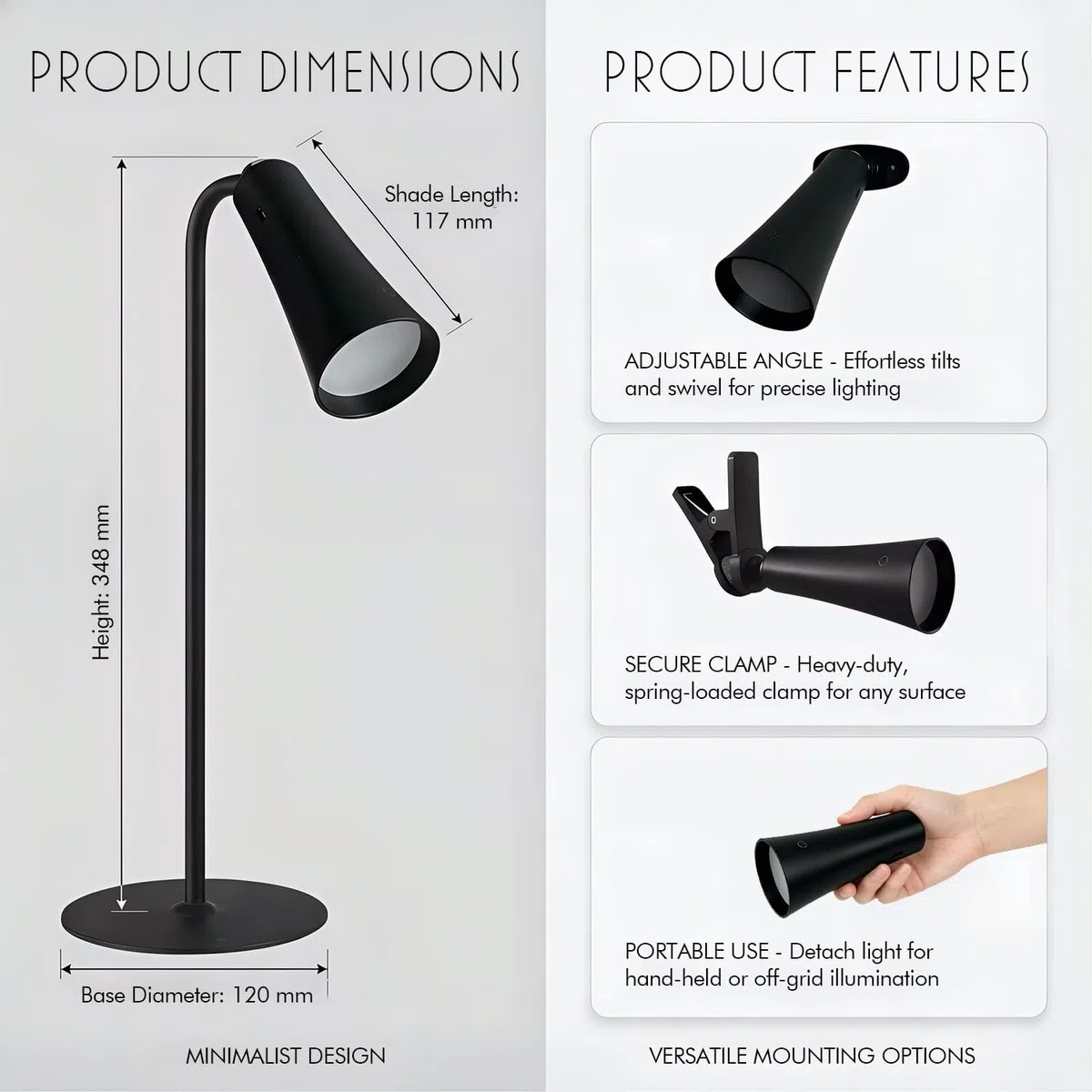 Lámpara de escritorio magnética recargable, lámpara de mesa inalámbrica 4 en 1 con niveles regulables, cabeza desmontable para linterna, luz de pared o uso de clip, negro mate, carga USB-C