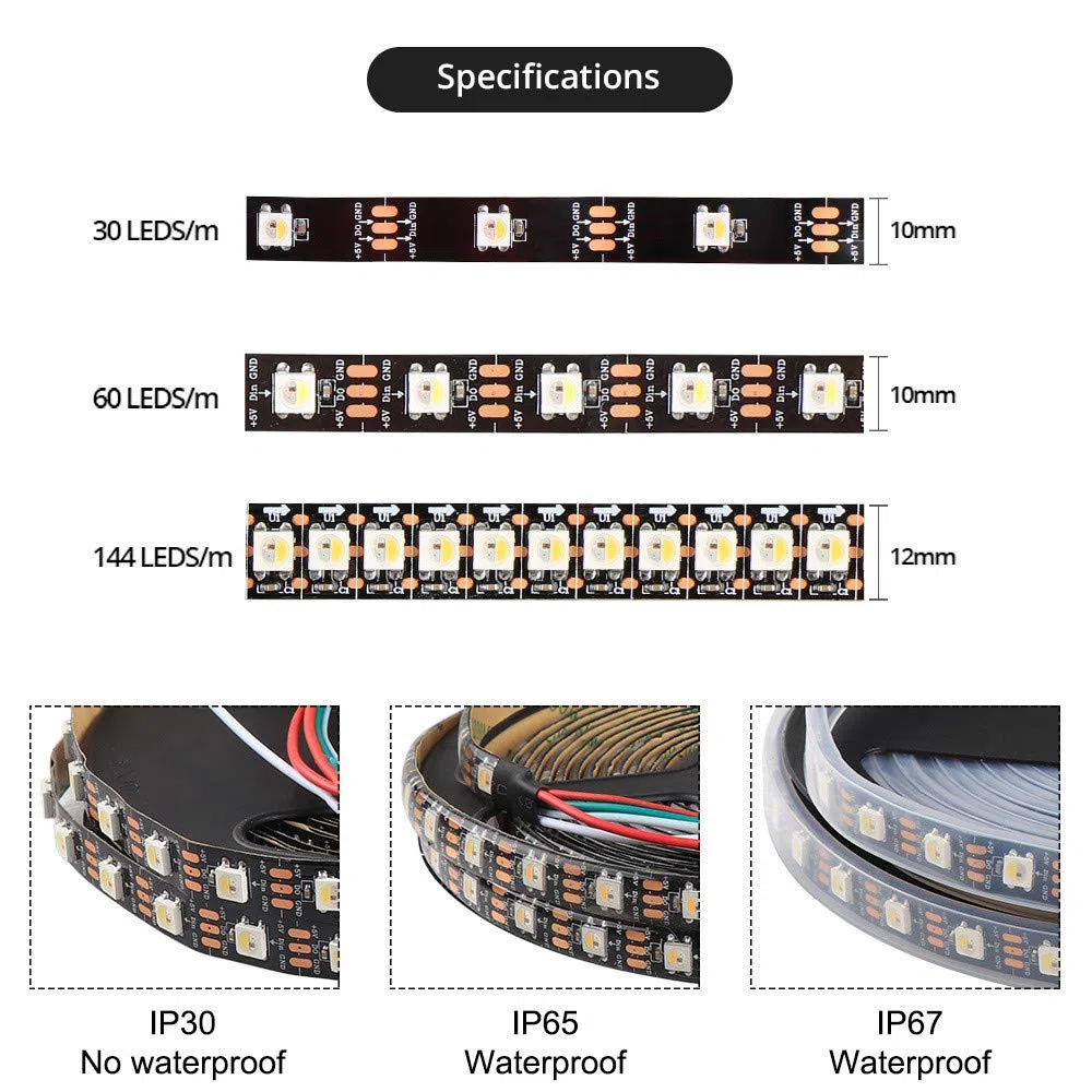 ws2812b rgbww sk6812 5 V 5 m 144 LED ip65 tira LED, tira LED inteligente direccionable individualmente, PCB blanco