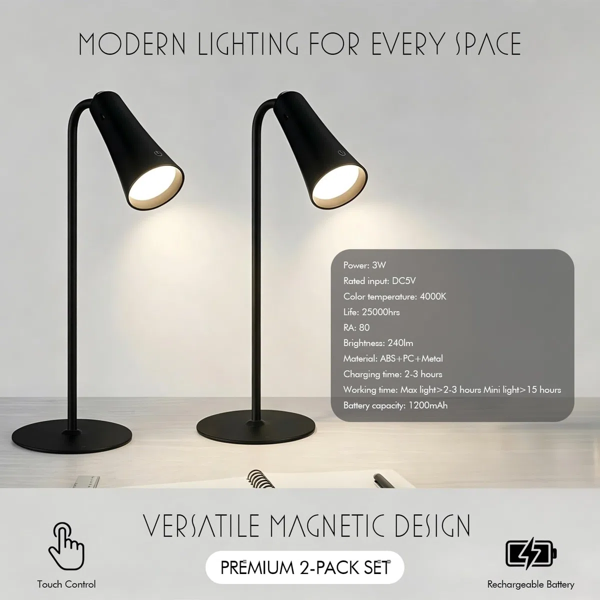 Lámpara de escritorio magnética recargable, lámpara de mesa inalámbrica 4 en 1 con niveles regulables, cabeza desmontable para linterna, luz de pared o uso de clip, negro mate, carga USB-C