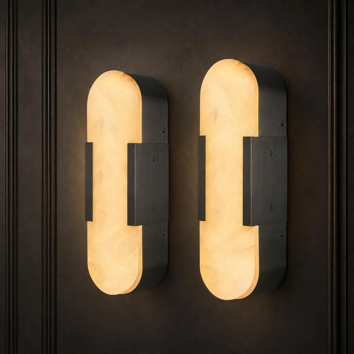 Apliques de pared de mármol natural, juego de 2, 35 cm (13,8"), color alabastro negro, iluminación moderna con cableado fijo para tocador, luz cálida de 3000 K, para baño (13.8inches)