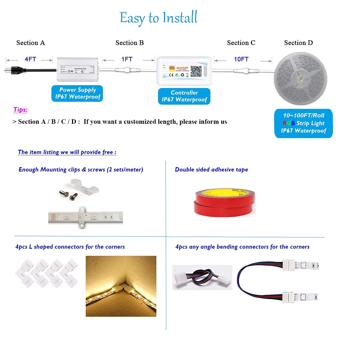 Tira de luz LED RGB flexible de 10 pies, 20 pies, 30 pies, 40 pies, 50 pies, 70 pies, 100 pies, 12 V, 60 LEDs/M, control remoto RF y controlador de detección de música WiFi y fuente de alimentación