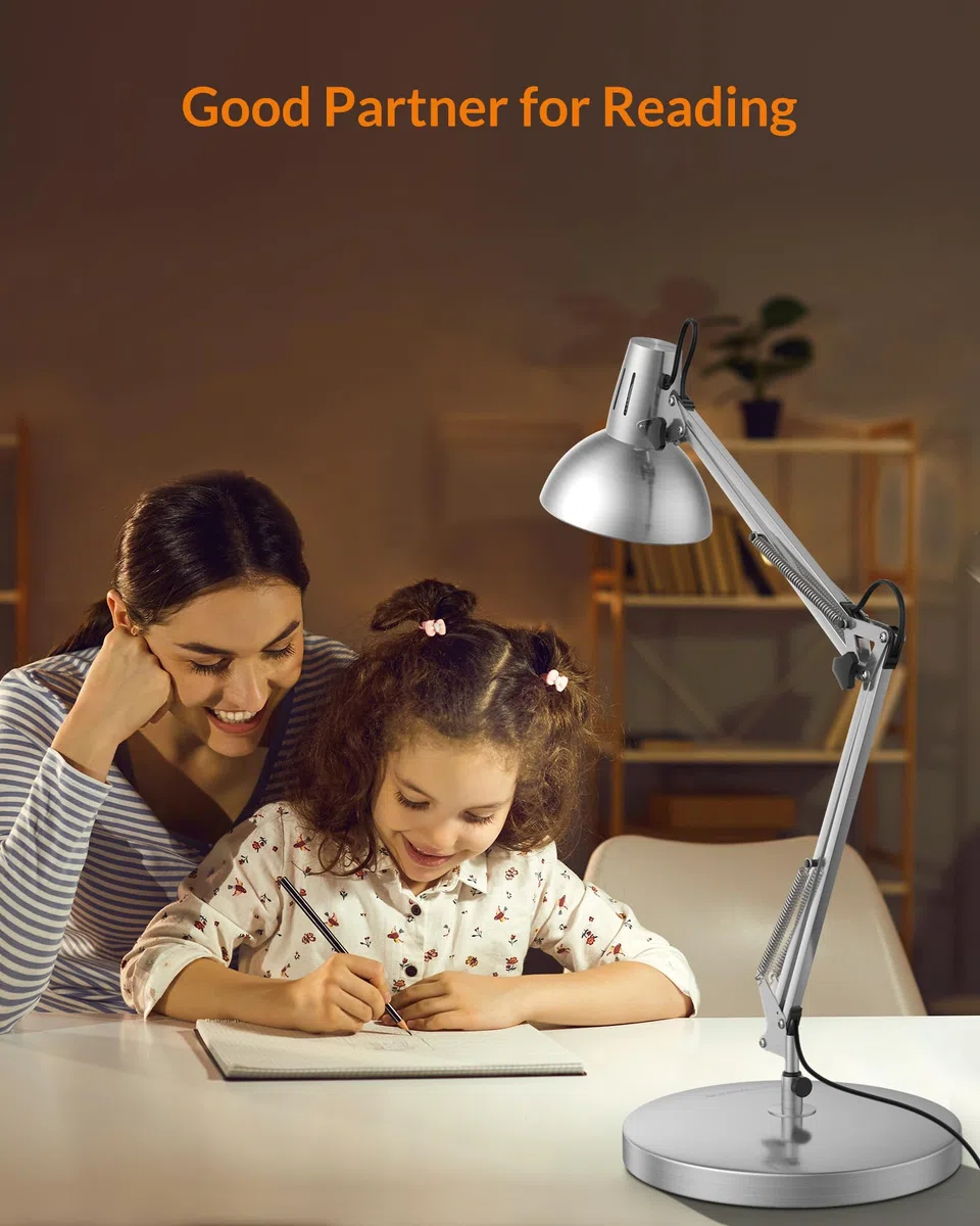 LEPOWER Lámpara de escritorio de metal, lámpara de mesa de arquitecto de cuello de ganso ajustable con interruptor de encendido/apagado, lámpara de escritorio con brazo oscilante con abrazadera,