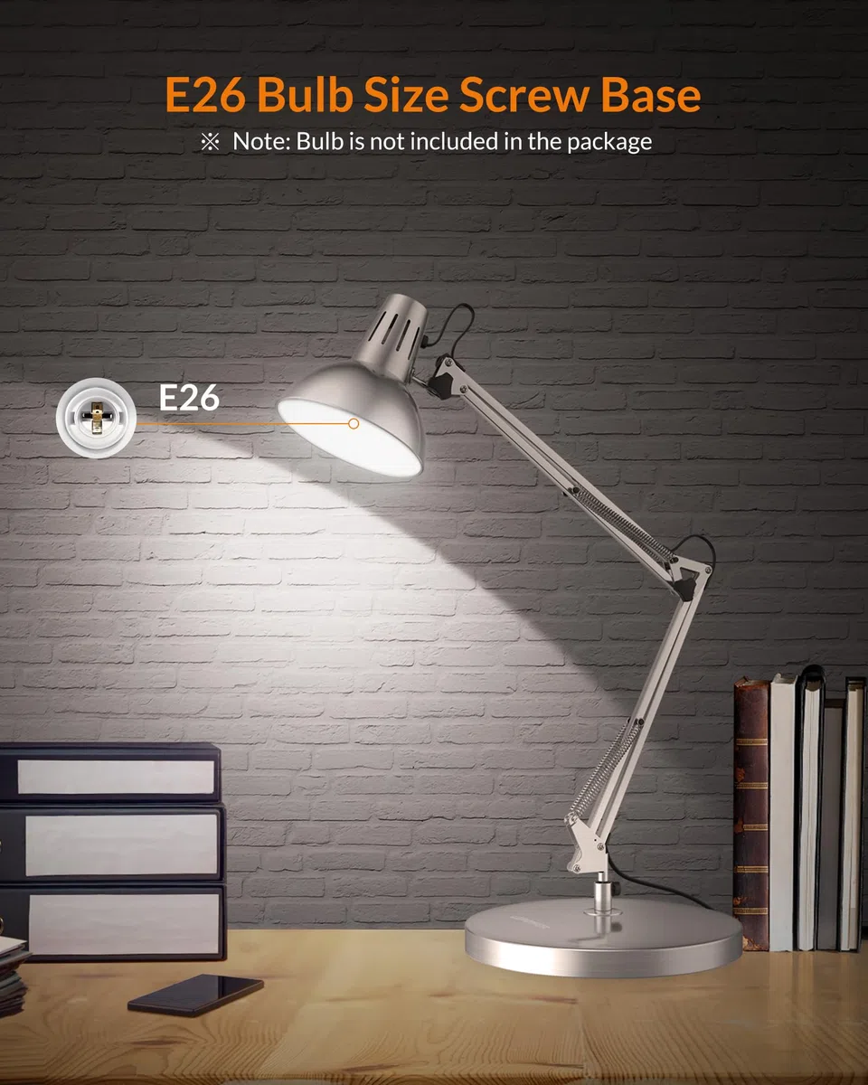 LEPOWER Lámpara de escritorio de metal, lámpara de mesa de arquitecto de cuello de ganso ajustable con interruptor de encendido/apagado, lámpara de escritorio con brazo oscilante con abrazadera,