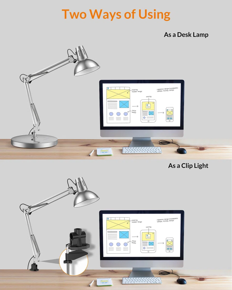 LEPOWER Lámpara de escritorio de metal, lámpara de mesa de arquitecto de cuello de ganso ajustable con interruptor de encendido/apagado, lámpara de escritorio con brazo oscilante con abrazadera,