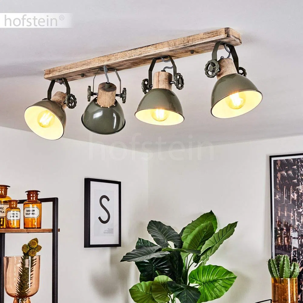 Lámpara de techo Orny, foco de techo de 4 luces de madera y metal en verde, lámpara de interior de aspecto industrial/vintage, 4 x E27, las cabezas de las lámparas son ajustables,sin bombilla(s)