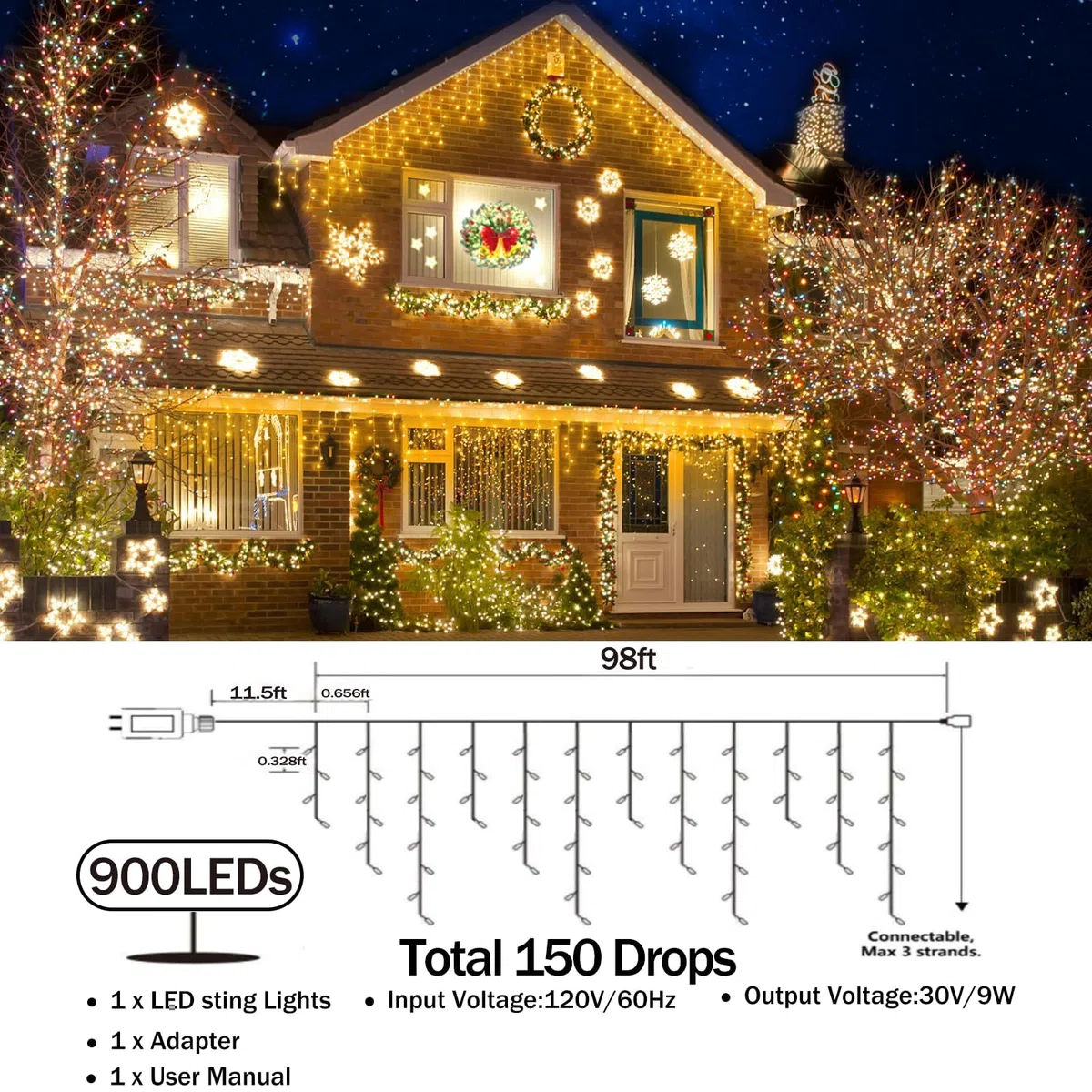 Luces de carámbano de 98 pies, 900 LED, 30 m, luces de Navidad al aire libre, 12 modos de iluminación con temporizador, memoria impermeable, luz de Navidad para patio, techo, fiesta