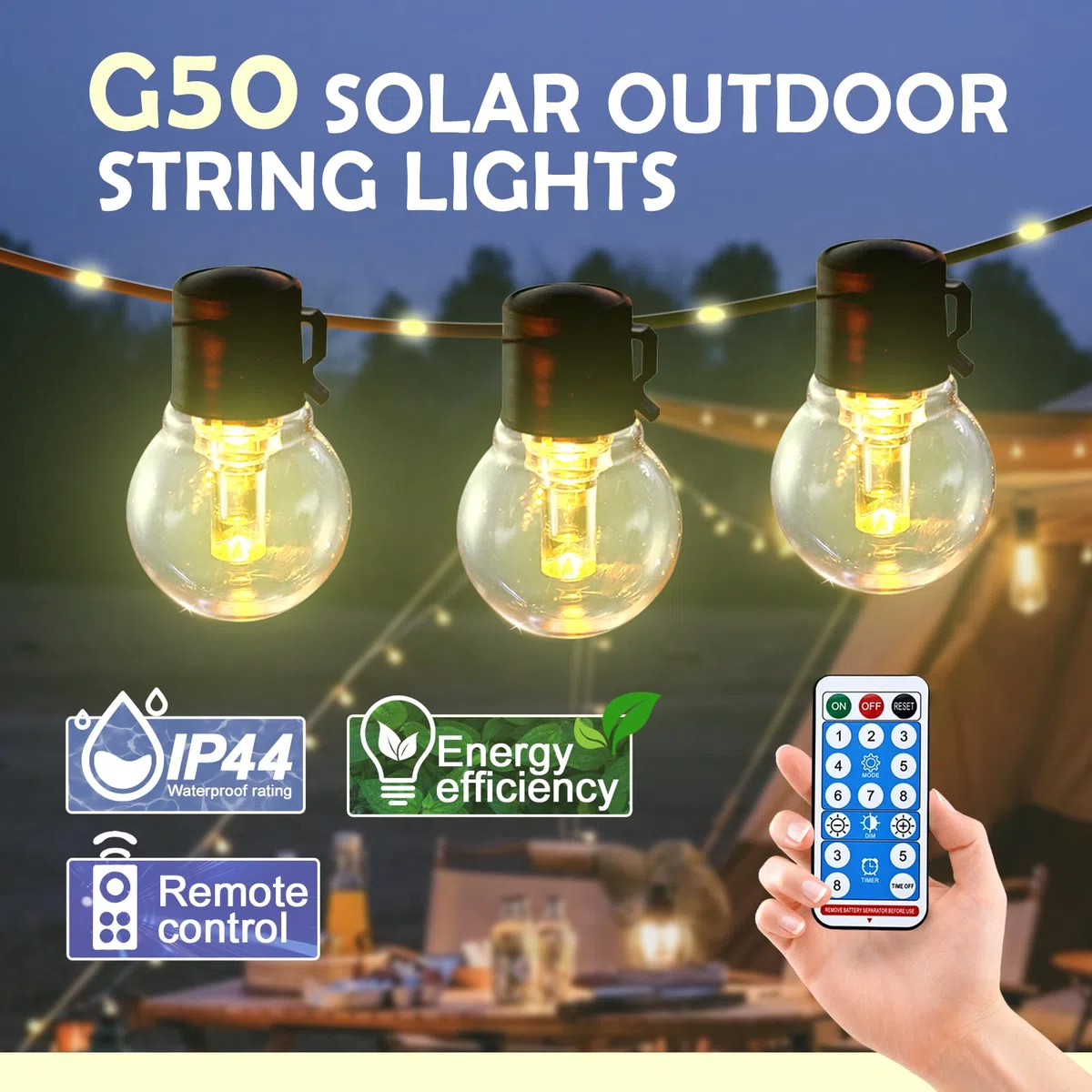 Cadena de luces G50 de 33 pies con 15 bombillas LED de columna de guía de luz amarilla dorada, inastillable, impermeable, E26 para decoración de patio al aire libre