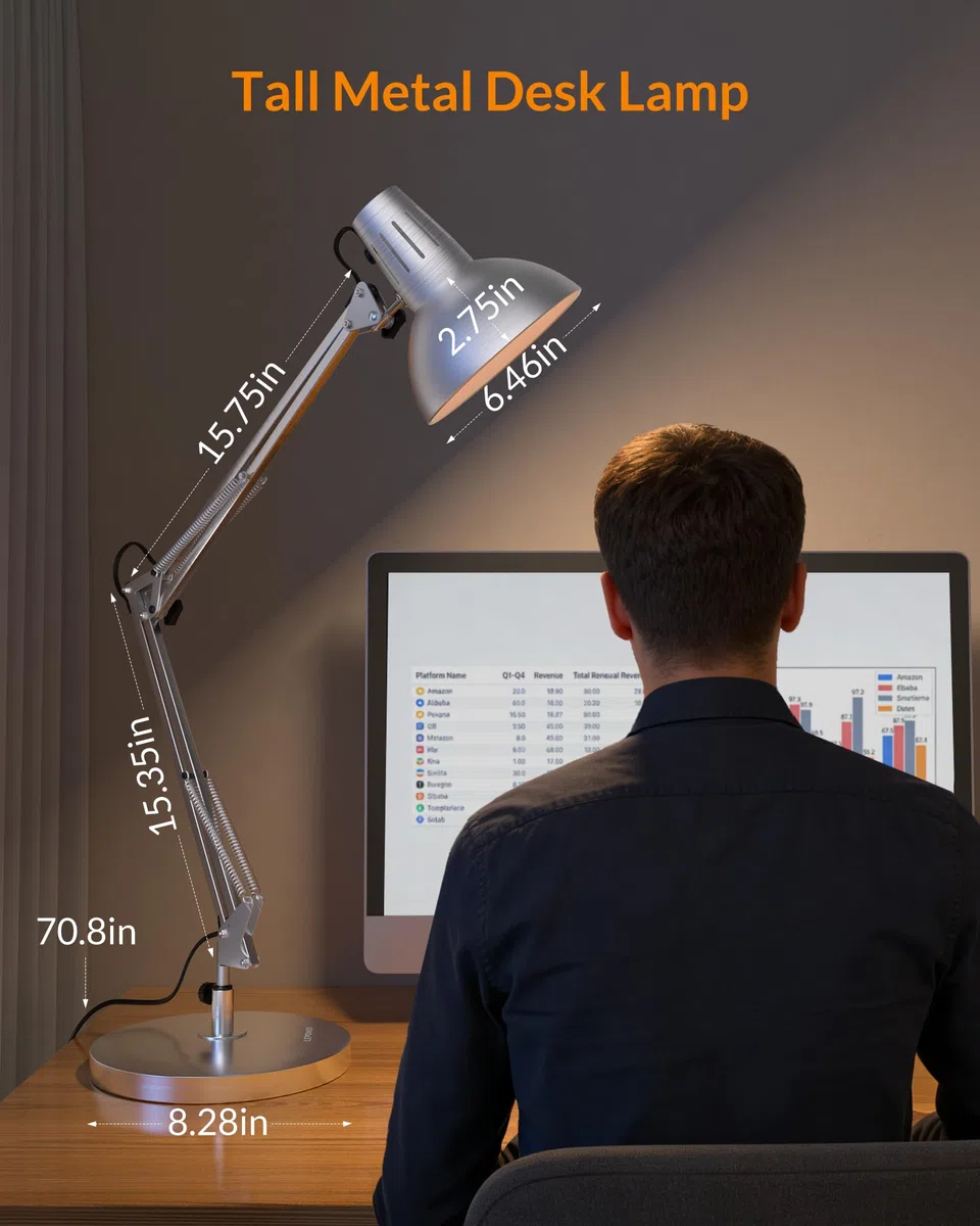LEPOWER Lámpara de escritorio de metal, lámpara de mesa de arquitecto de cuello de ganso ajustable con interruptor de encendido/apagado, lámpara de escritorio con brazo oscilante con abrazadera,