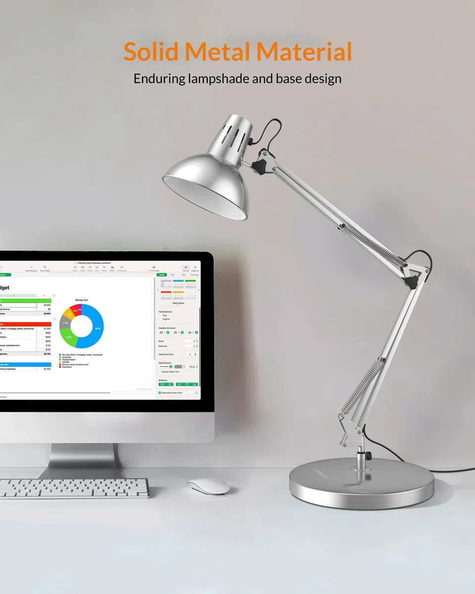 LEPOWER Lámpara de escritorio de metal, lámpara de mesa de arquitecto de cuello de ganso ajustable con interruptor de encendido/apagado, lámpara de escritorio con brazo oscilante con abrazadera,