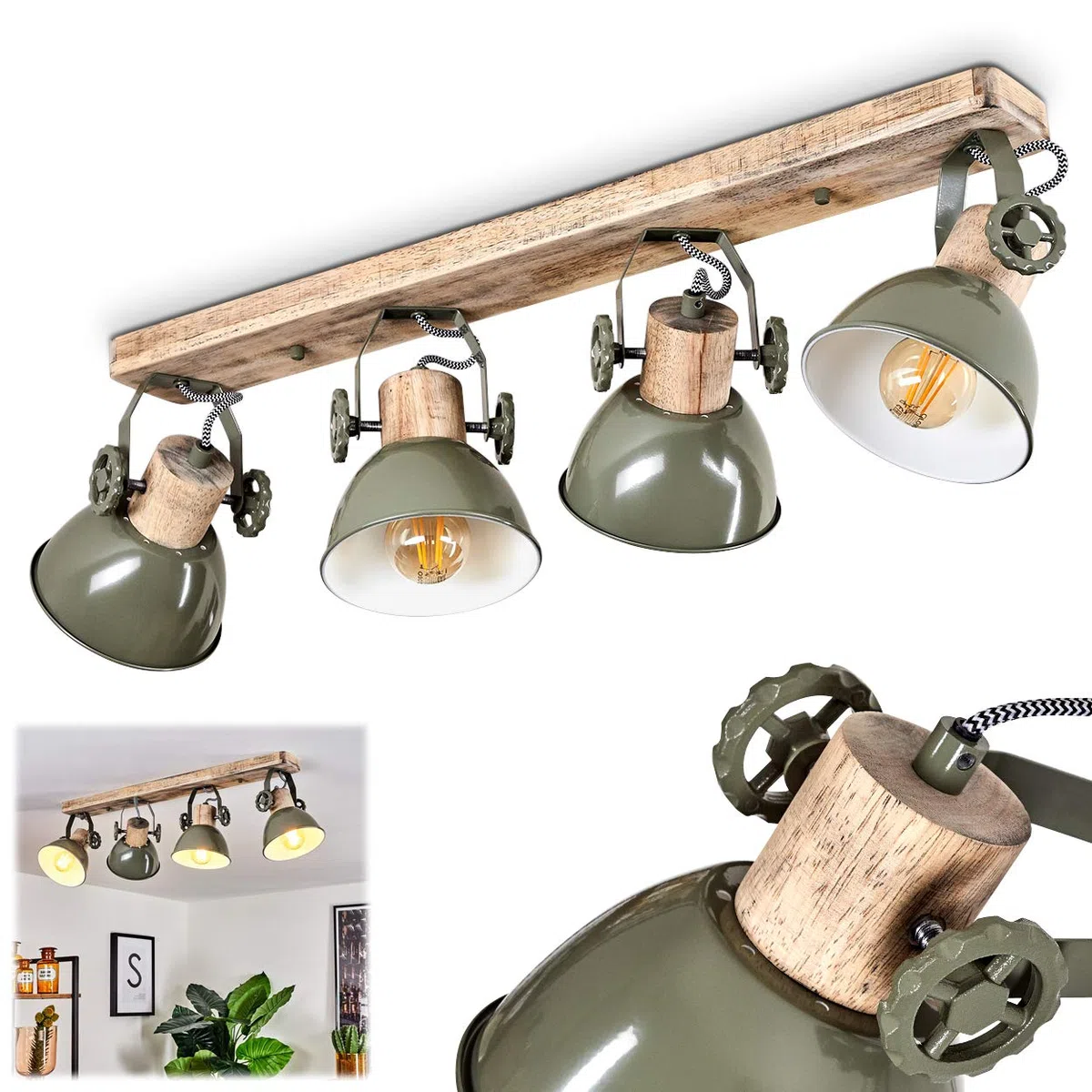 Lámpara de techo Orny, foco de techo de 4 luces de madera y metal en verde, lámpara de interior de aspecto industrial/vintage, 4 x E27, las cabezas de las lámparas son ajustables,sin bombilla(s)