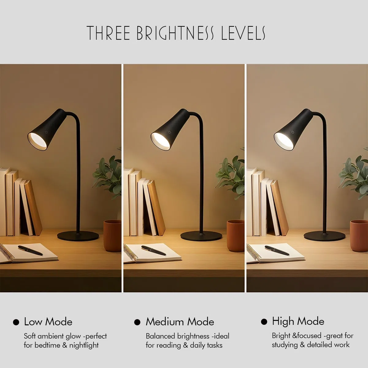 Lámpara de escritorio magnética recargable, lámpara de mesa inalámbrica 4 en 1 con niveles regulables, cabeza desmontable para linterna, luz de pared o uso de clip, negro mate, carga USB-C