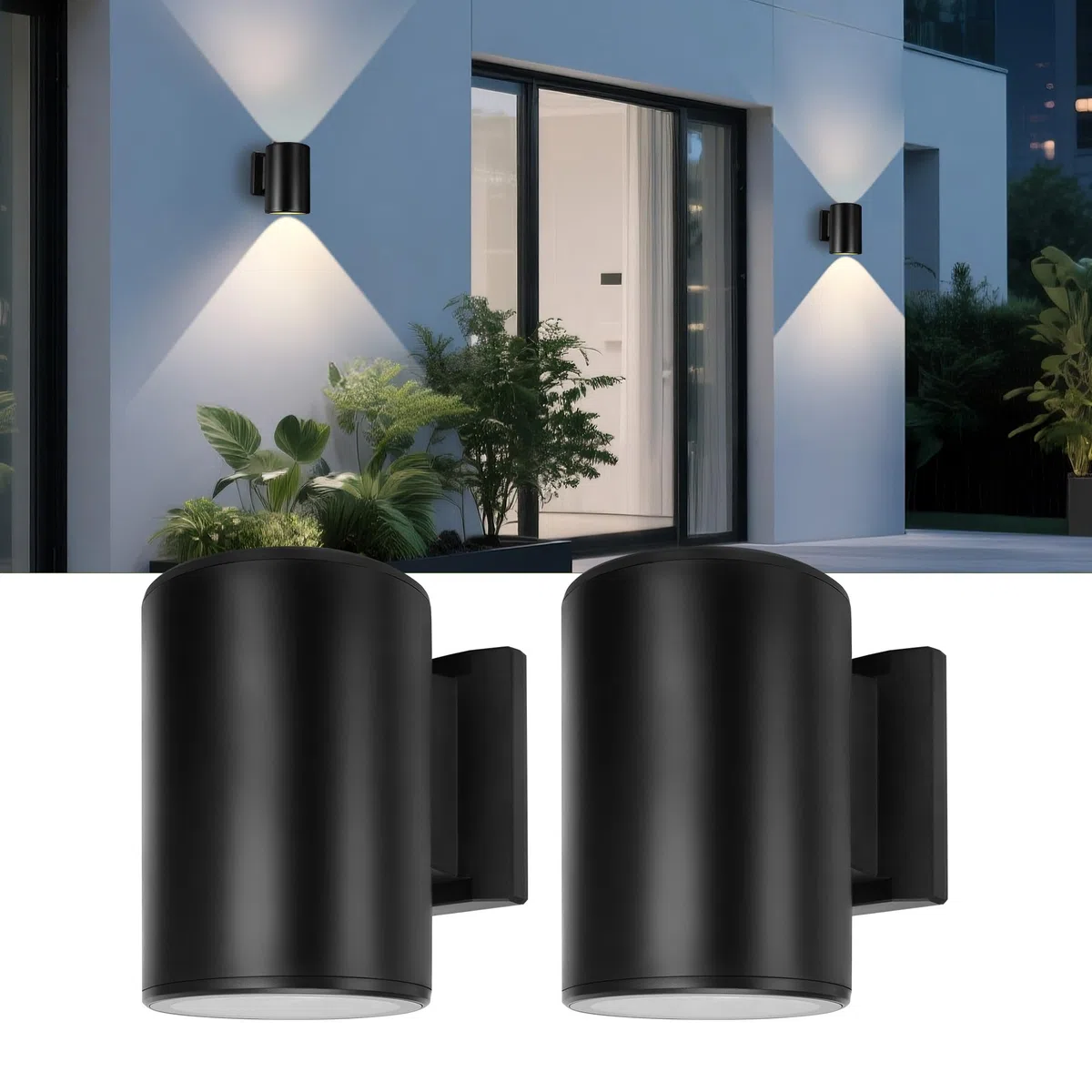 Livinlarge Lámpara solar de pared para exteriores, aplique de pared impermeable hacia arriba y hacia abajo, luces solares al aire libre para casa, garaje, porche, puerta (paquete de 2)