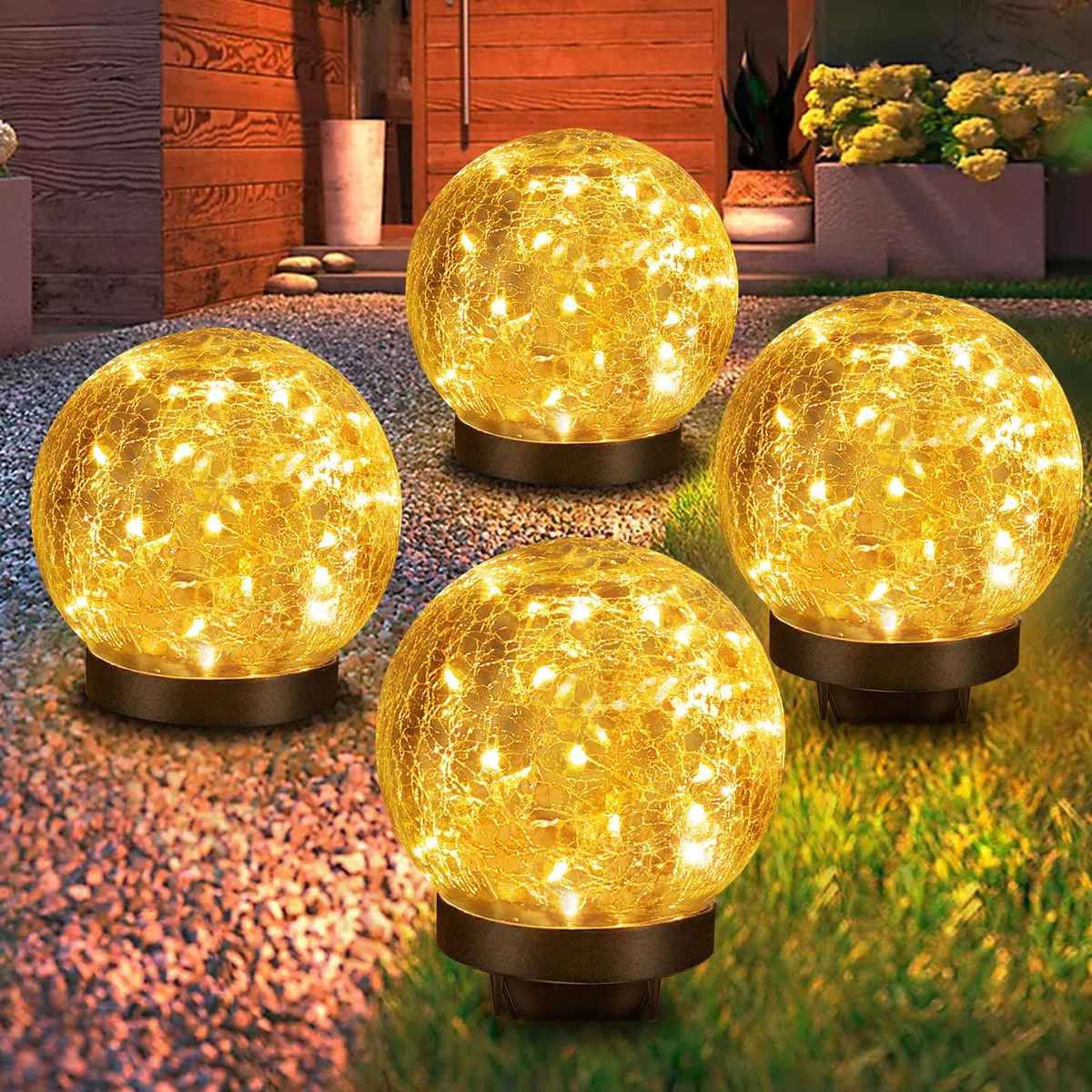 Luces solares de jardín con 4 globos, dos modos de iluminación, luces de bola de vidrio agrietado de 4.7 pulgadas, 30 luces LED solares impermeables para patio, porche, decoración de jardín para