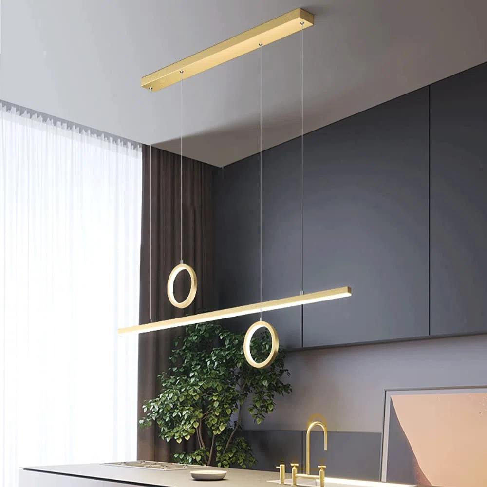 Lámpara colgante de metal lineal creativa con kit de iluminación decorativa de anillo, lámparas colgantes largas de comedor LED modernas de 39 W, lámpara de suspensión de tira de isla de cocina minima