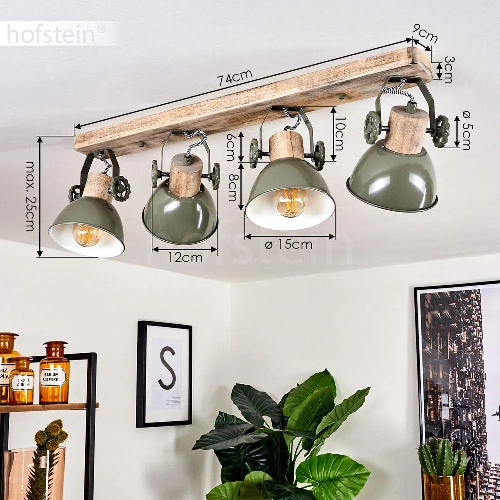 Lámpara de techo Orny, foco de techo de 4 luces de madera y metal en verde, lámpara de interior de aspecto industrial/vintage, 4 x E27, las cabezas de las lámparas son ajustables,sin bombilla(s)