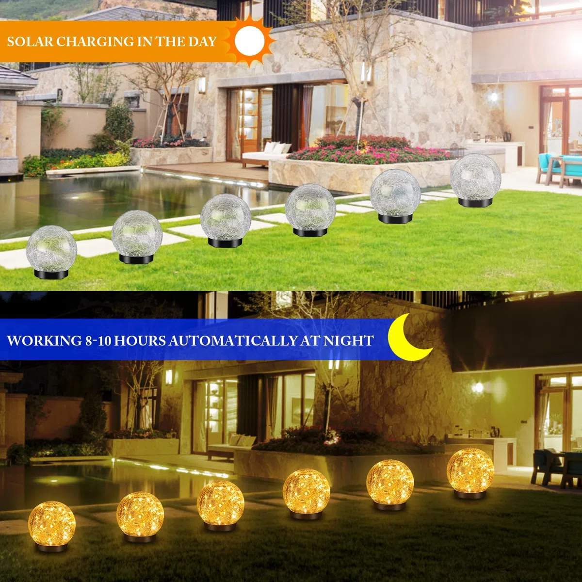 Luces solares de jardín con 4 globos, dos modos de iluminación, luces de bola de vidrio agrietado de 4.7 pulgadas, 30 luces LED solares impermeables para patio, porche, decoración de jardín para