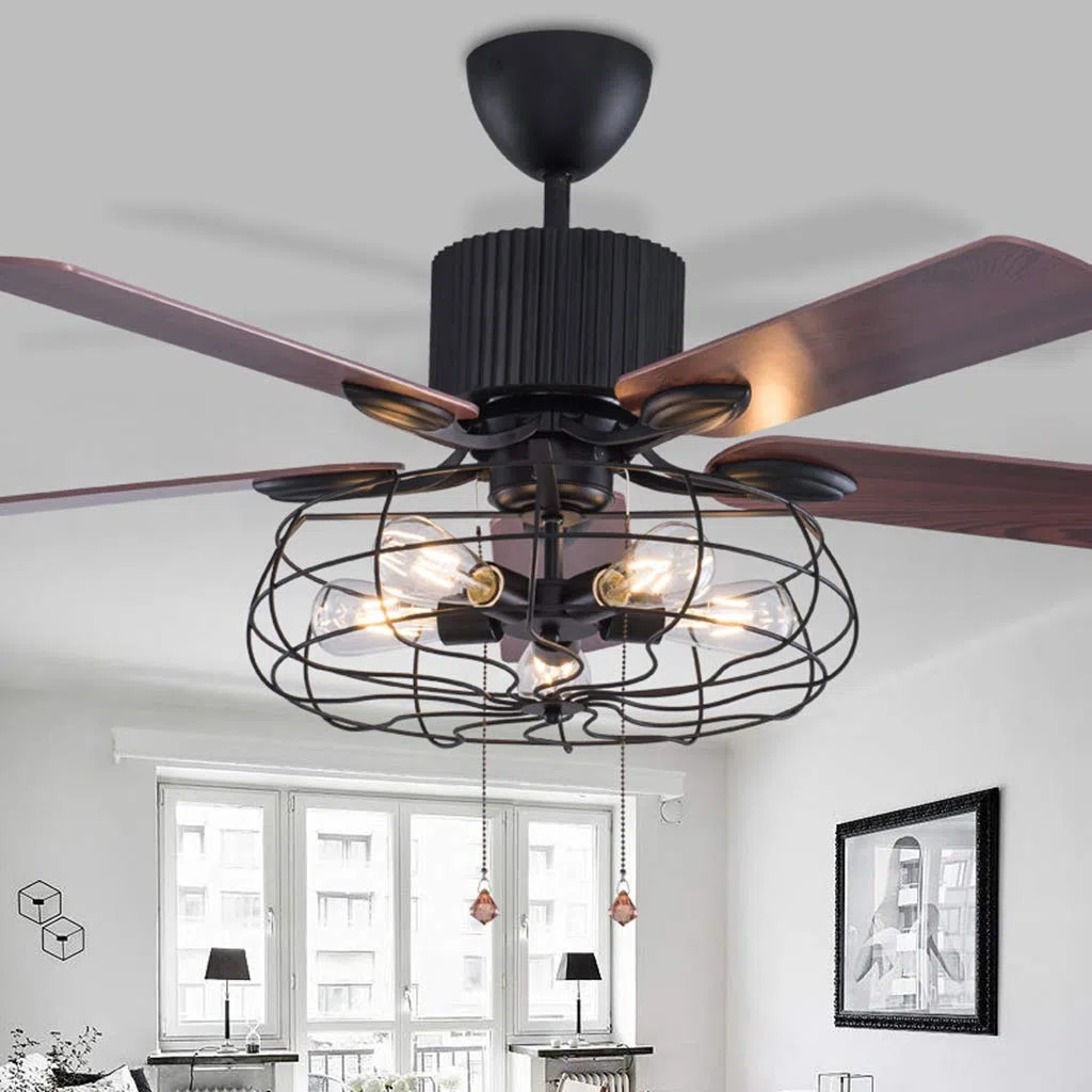 Ventilador de techo retro con luz Estilo industrial americano Ventilador de techo con iluminación 3 archivos Velocidad del viento ajustable con control remoto/Iluminación interior/E27*5 Lámparas/Sala