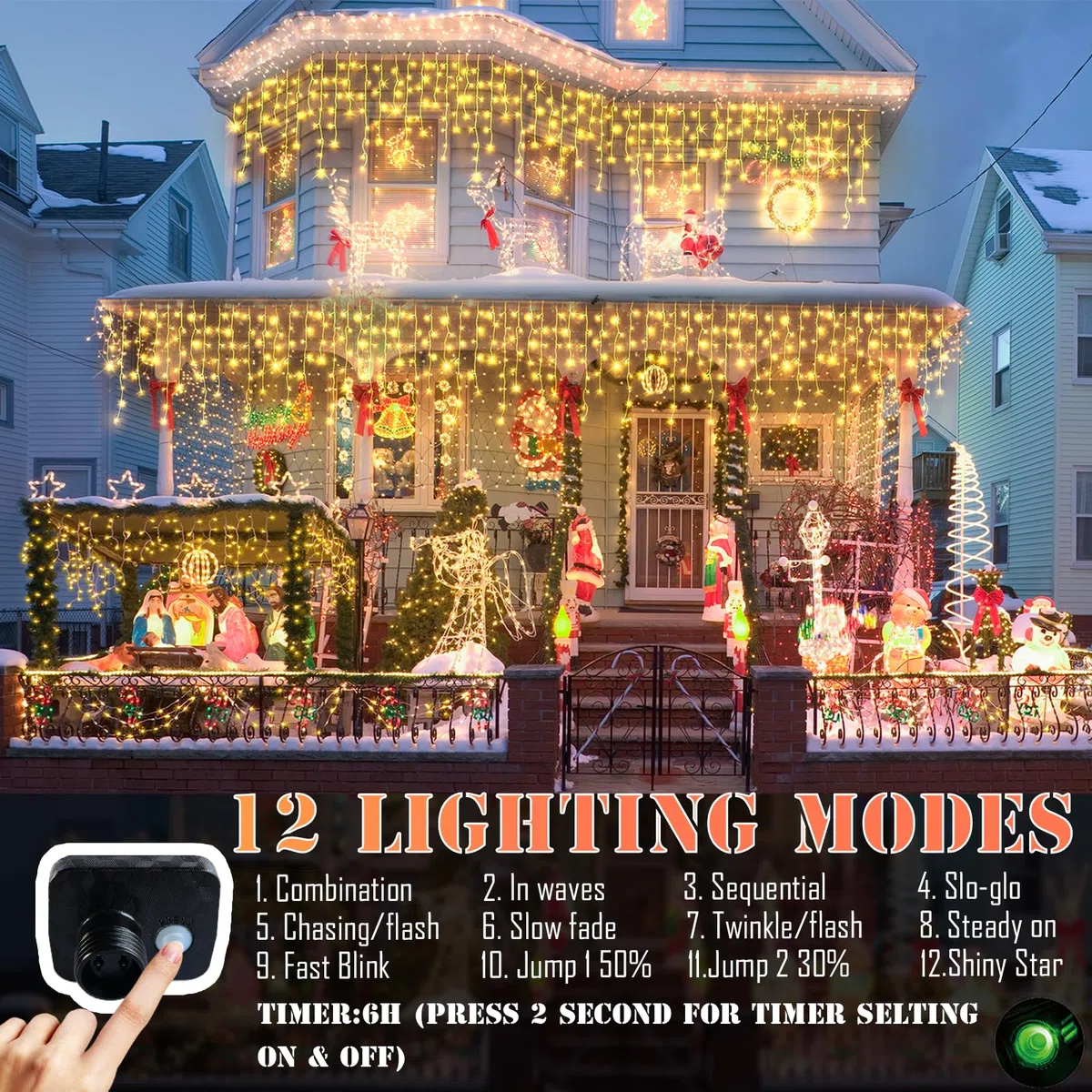 Luces de carámbano de 98 pies, 900 LED, 30 m, luces de Navidad al aire libre, 12 modos de iluminación con temporizador, memoria impermeable, luz de Navidad para patio, techo, fiesta