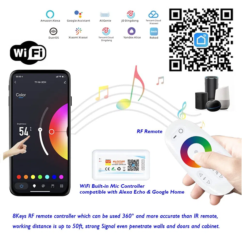 Tira de luz LED RGB flexible de 10 pies, 20 pies, 30 pies, 40 pies, 50 pies, 70 pies, 100 pies, 12 V, 60 LEDs/M, control remoto RF y controlador de detección de música WiFi y fuente de alimentación