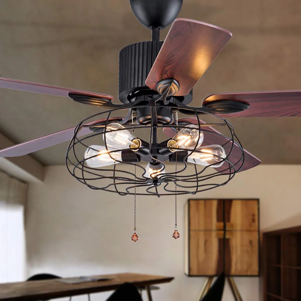 Ventilador de techo retro con luz Estilo industrial americano Ventilador de techo con iluminación 3 archivos Velocidad del viento ajustable con control remoto/Iluminación interior/E27*5 Lámparas/Sala