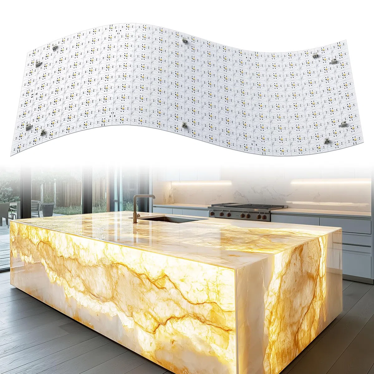 Retroiluminación LED suaves Luz cálida 3000K 24V 36W, Panel LED Regulable Compatible con Alexa, Luz Flexible con Mando y Control por APP, 50x25 cm para Mármol, Ónix y Encimeras de Cuarzo (4 Pack)