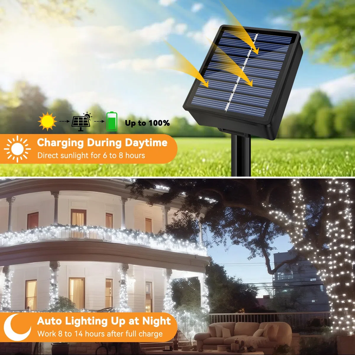 Guirnalda de luces solares impermeables para exteriores, paquete de 6 unidades en total de 200 pies, 600 LED, 8 modos, luces parpadeantes, luces solares para patio, jardín, fiesta, árbol, Navidad