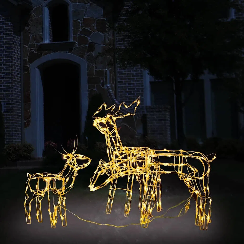 Juego de 3 renos navideños, 229 luces LED para jardín, interior y exterior, luz blanca cálida, USB, decoración navideña